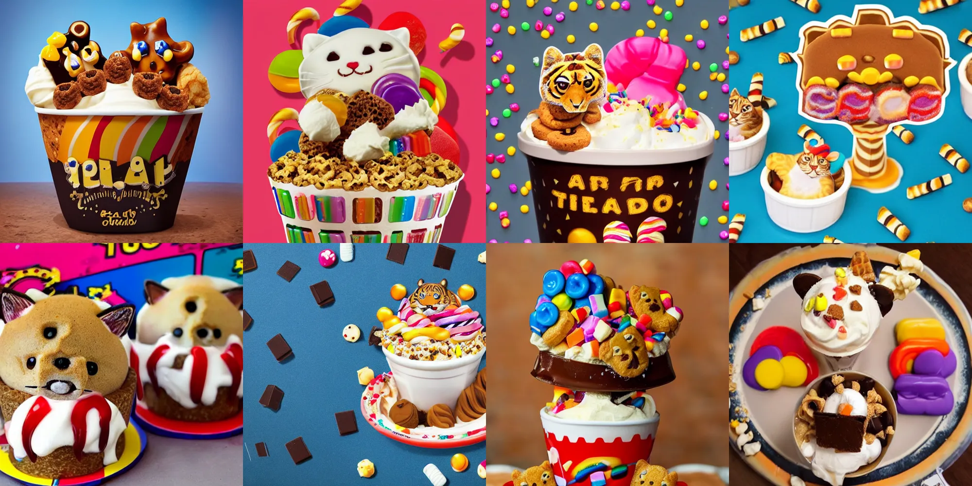 Prompt: a 🐯🐈 sundae made of 🍬 made of 🍪 made of 🍿 made of 🍭 made of 🎉 made of 🌮 made of 🍝 made of 🍫