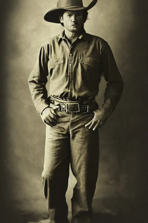 Prompt: old western photo of a cowboy in a yellow button-down shirt and olive green slacks intricate elegan sepia photo historical