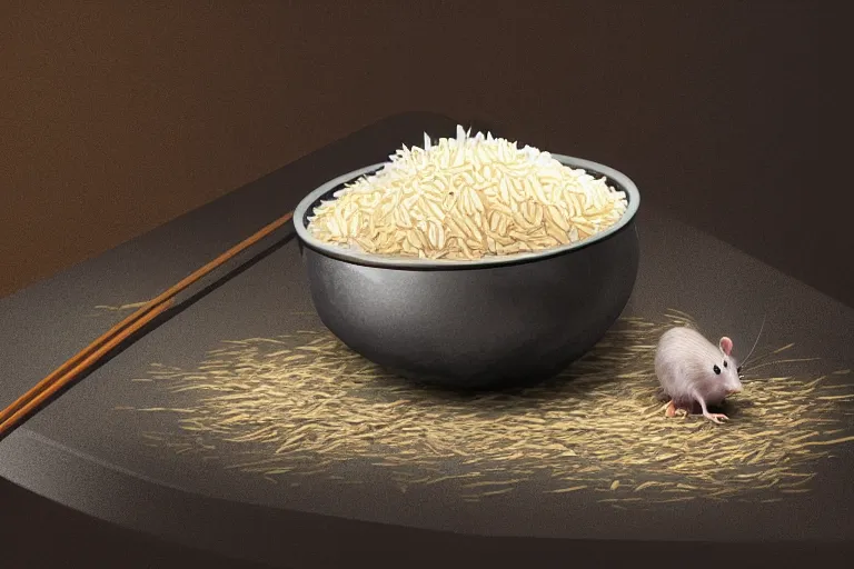 Prompt: a rat in a bowl with a few rice grains and broken chinese chopsticks, on a dirty table in poor apartments, dark atmosphere, digital art, very realistic