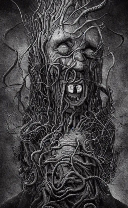 Image similar to lovecraftian jay leno breaking free from this dimension by wayne barlow, stanley donwood, anton semenov, zdzislaw bekinski, hr giger, 8 k, fantasy, dark, highly detailed