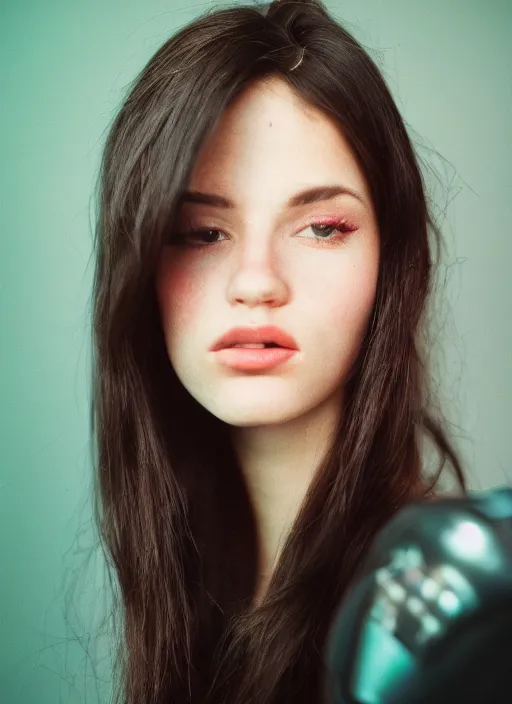 Image similar to a hyper realistic and detailed head portrait photography of beautiful American woman dark hair. Cinematic. torch lights and glow in the background. Cinestill 800T film. Lens flare. Helios 44m