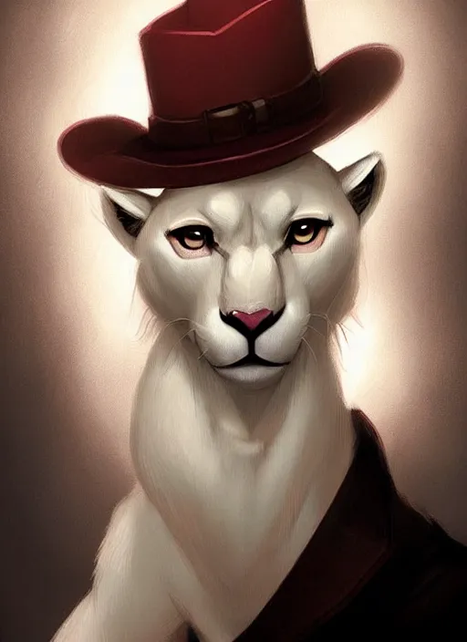 Prompt: beautiful portrait commission of a male furry anthro albino mountain lion with dark red eyes wearing a dress shirt in an old-timey Saloon. Atmospheric. Character design by charlie bowater, ross tran, artgerm, and makoto shinkai, detailed, inked, western comic book art