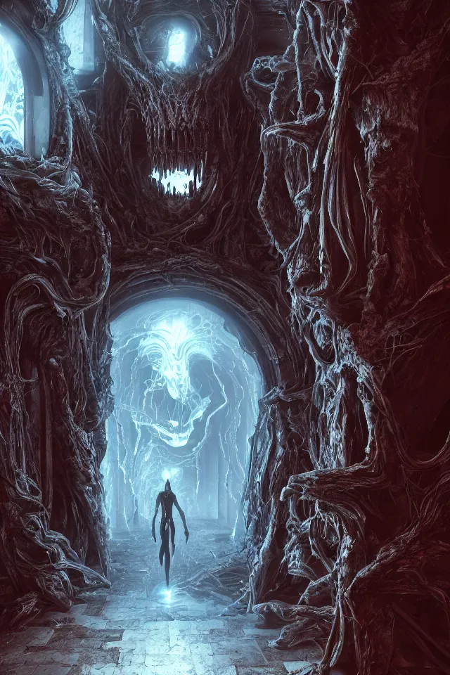 Image similar to Through A Dark Evil Glowing Portal Yasushi Nirasawa Moebius HR Giger Style, 8K, octane render, HDR, volumetric lighting