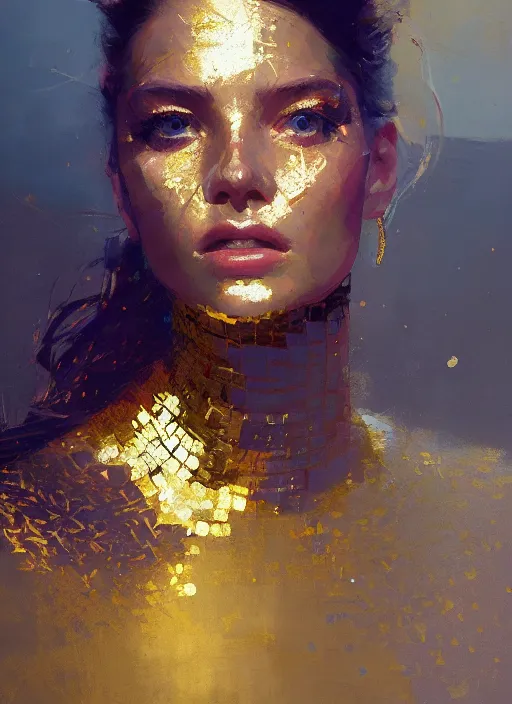 Prompt: outdoor portrait of a beautiful girl, shades of gold, beautiful face, rule of thirds, intricate outfit, spotlight, by greg rutkowski, by jeremy mann, by francoise nielly, digital painting