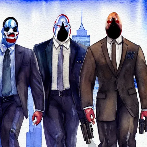 Image similar to A watercolor painting of Dallas from Payday 2, Jerma, JC Denton and Dwayne The Rock Johnson walking down a road. The sun is rising in the back, trending on artstation, very detailed