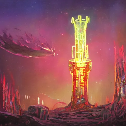 Prompt: an omenous biopunk tower with glowing lights rising in the distance, painting by John Berkley