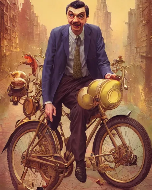 Prompt: vintage mr. bean movie poster by karol bak, james jean, tom bagshaw, rococo, sharp focus, trending on artstation, cinematic lighting, hyper realism, octane render, 8 k, hyper detailed.