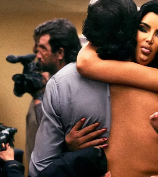 Prompt: Pablo Escobar hugging kim kardashian in a mafia office