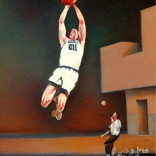 Prompt: Oil painting of a Mormon missionary dunking a basketball, by Minerva Teichert