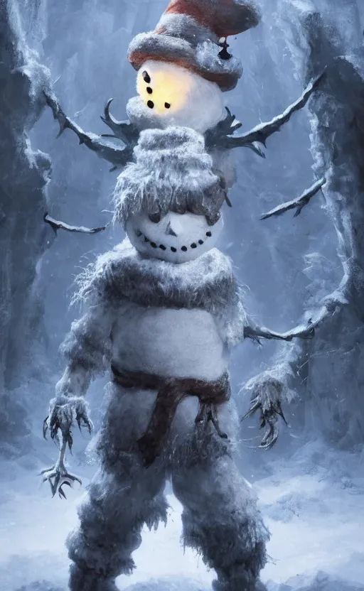 Image similar to a a full body portrait of monster jack frost the snowman, in the middle of a village in the snow, dynamic lighting, photorealistic dark fantasy concept art, trending on art station, stunning visuals, creative, cinematic, ultra detailed, scary art, monster