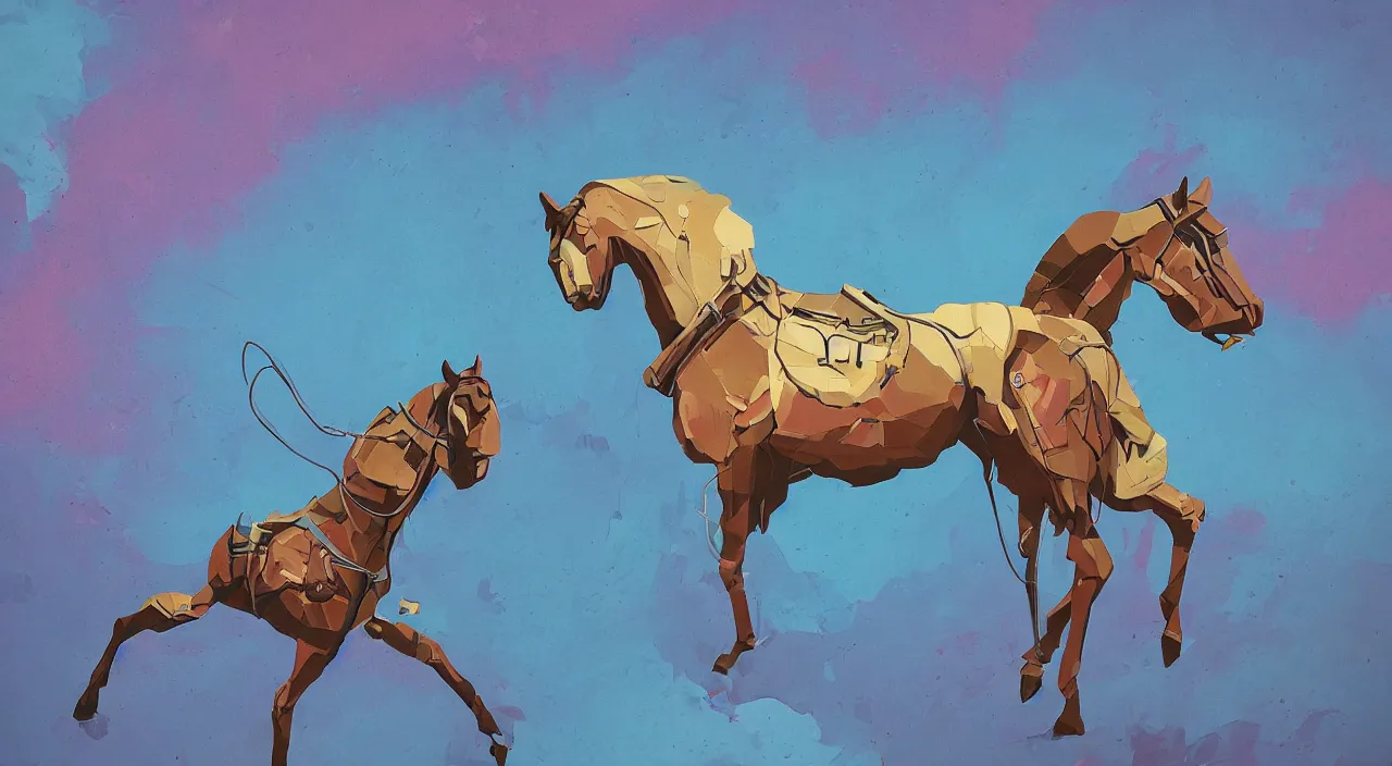 Image similar to a graph style gauche impasto, the horse is not mine, steampunk art by james gilleard, cgsociety, retrofuturism, synthwave, retrowave, outrun, hyper realistic.