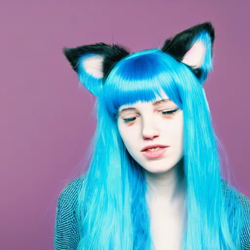 Image similar to photo of a young woman with messy blue hair and cat ears