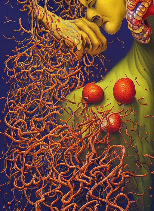 Image similar to hyper detailed Oil painting - Jimmy Carr Eats of the Strangling Fruit and His gossamer polyp blossoms bring iridescent fungal flowers whose spores black the foolish stars by Jacek Yerka, Mariusz Lewandowski, Abstract brush strokes, Masterpiece, Edward Hopper and James Gilleard, Zdzislaw Beksinski, Mark Ryden, Wolfgang Lettl, hints of Yayoi Kasuma