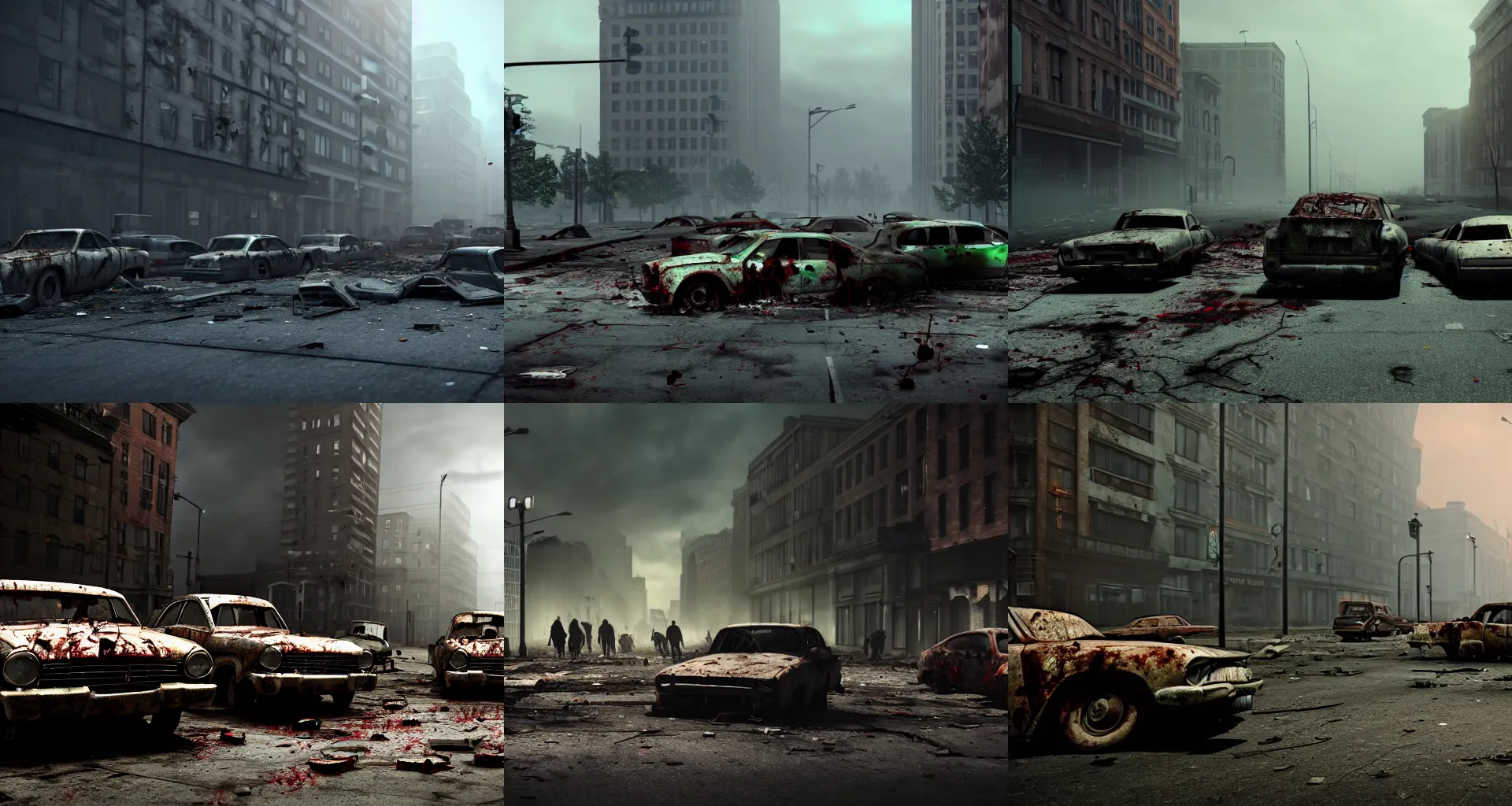 Prompt: Zombie apocalypse, city, zombies in the streets, abandoned vehicles in the streets, Octane Render