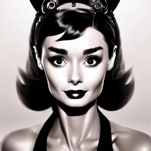 Image similar to in the style of diego fazio, artgerm, beautiful audrey hepburn, steampunk, elegant pose, middle shot, spooky, symmetrical face symmetrical eyes, three point lighting, detailed realistic eyes, short neck, insanely detailed and intricate elegant