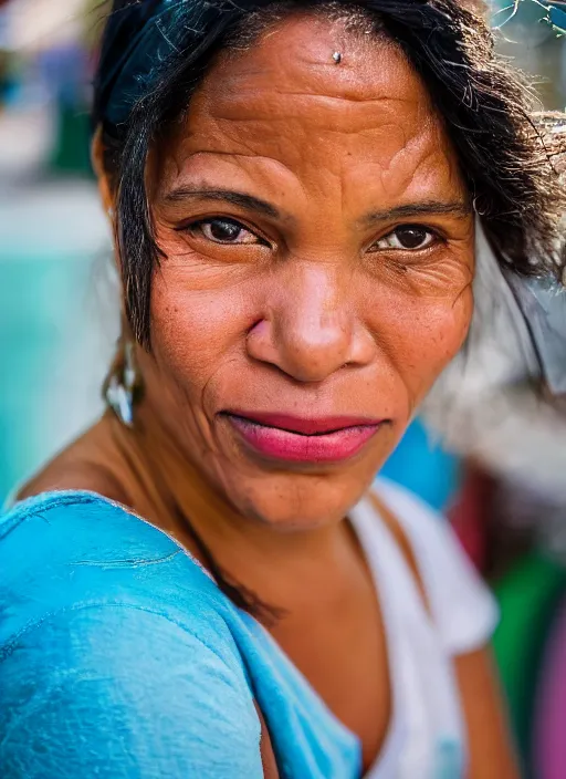 Image similar to close up portrait of a beautiful, real 30-year-old Cuban woman, happy, candid street portrait in the style of Martin Schoeller, award winning, Sony a7R