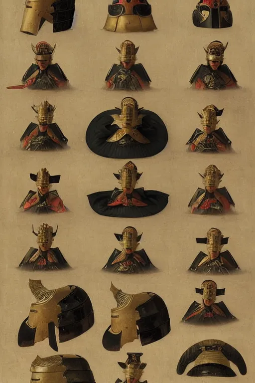 Prompt: a complete set of samurai armor and helmet, by bouguereau