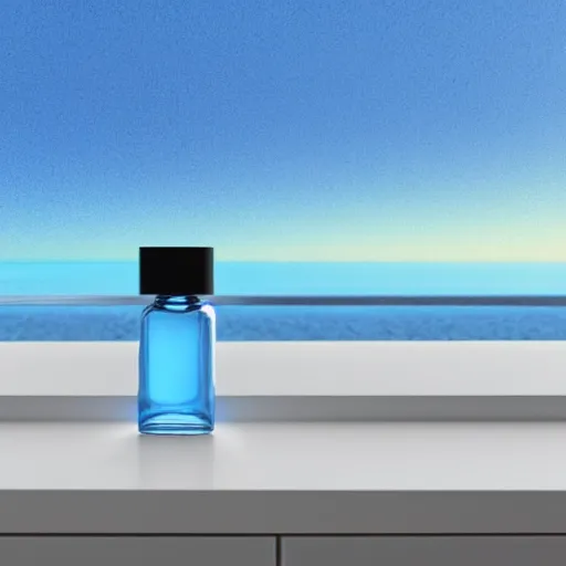 Prompt: perfume bottle on window sill in a pastel clean modern minimalist room with a view of the beach and sunset in an easter - blue room well contoured smooth fair walls, up close shot, sharp focus, zen, clean, modern minimalist, octane highly render, 4 k, ultra hd,