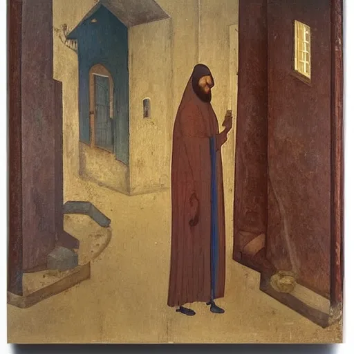 Image similar to painting by remus grecu, i dreamed i saw saint augustine striding through the quarters in the utmost misery, with a blanket underneath his arm, and a coat of solid gold