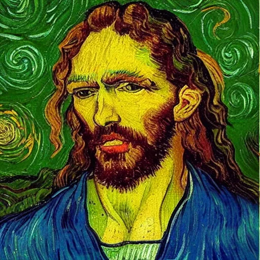 Image similar to jesus spreads his hands against the background of growing cannabis. an oil painting in the style of van gogh