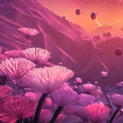 Image similar to an epic flowering alien landscape in the style of origami, 8 k, cinematic light, artstation