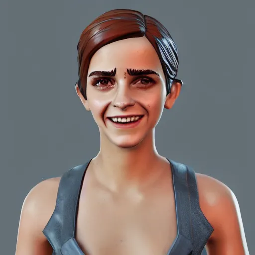 Prompt: textured film grain big eyes subsurface scattering fashion model face smiling laughing squinting emma watson as a fortnite character cgsociety octane render unreal engine redshift render trending on artstation trending on artstation render blender behance cg superhero