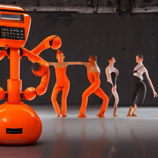 Image similar to photo of contemporary dancers, dancing around an orange kuka servo robot, in uy studio clothing, inside berghain berlin, lowlight, photorealistic, 8 k