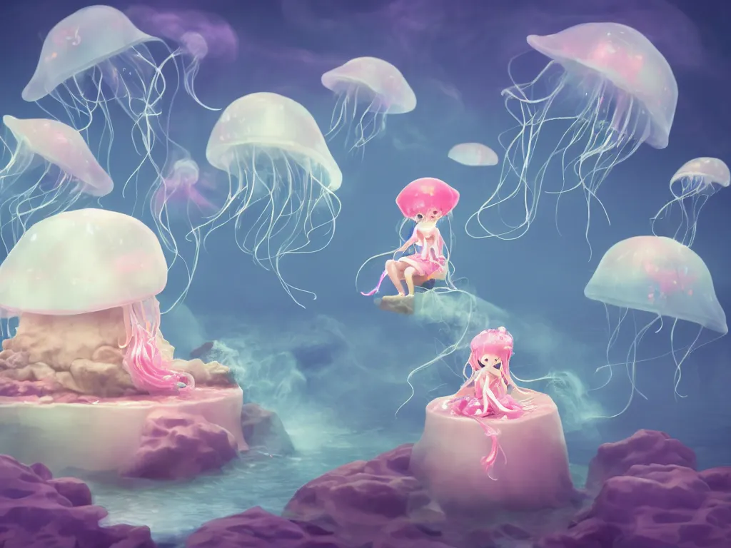 Image similar to cute fumo plush jellyfish girl sitting on a floating island, isometric projection, wisps of smoke and volumetric fog, vignette, vray