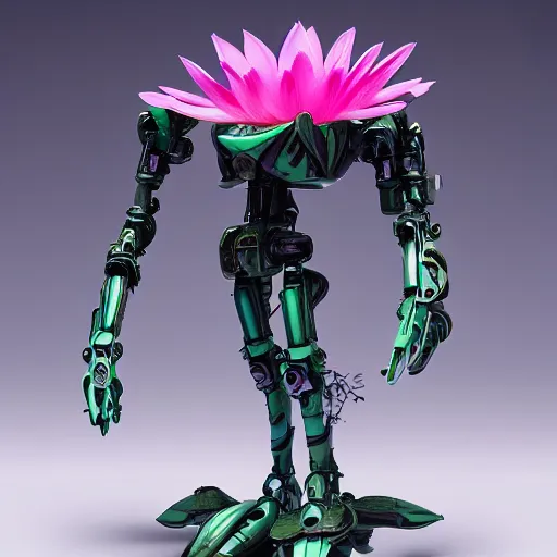 Image similar to futuristic nymphaea themed mecha waterlily flower for upper body android, cyberpunk, rococo, sci - fi movie, cinematic compositions, highly detailed, nymphaea, 8 k hd resolution, sazabi, biomechanical, bandai box art, makoto kobayashi, zaha hadid,