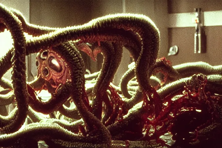 Image similar to scary filmic wide shot angle movie still 35mm film color photograph of a shape shifting horrific nightmarish abstract alien organism from The Thing 1982 spewing toxic spined tentacles made out of flesh strangling a doctor wearing a lab coat and surgical mask in the style of a horror film