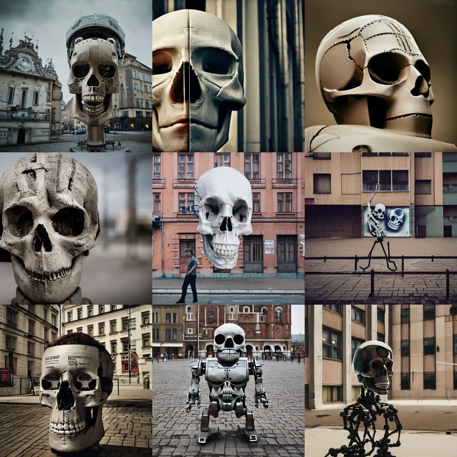 Prompt: legnica. close up. cyborg mark zuckerberg exposed skull robot, in legnica, full body, cinematic focus, polaroid photo, vintage, neutral dull colors, soft lights, by oleg oprisco, by thomas peschak, by discovery channel, by victor enrich, by gregory crewdson