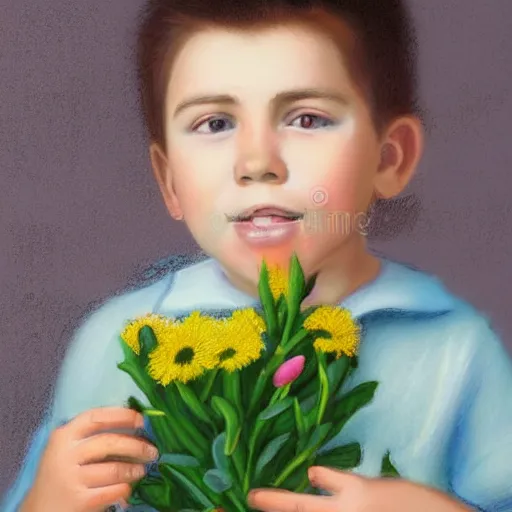 Image similar to a young boy is holding a bouquet of flowers, a pastel by bourgeois, pixabay, art & language, stockphoto