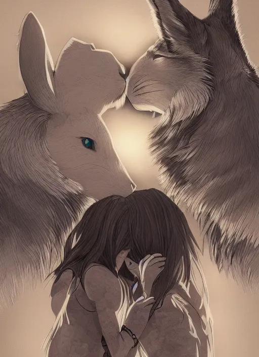 Prompt: A wolf in love with a rabbit, in style of manga, detailed, symmetric, lights and smoke, symmetrical composition, cinemática, hyper realism, 8k, octane render, 8k
