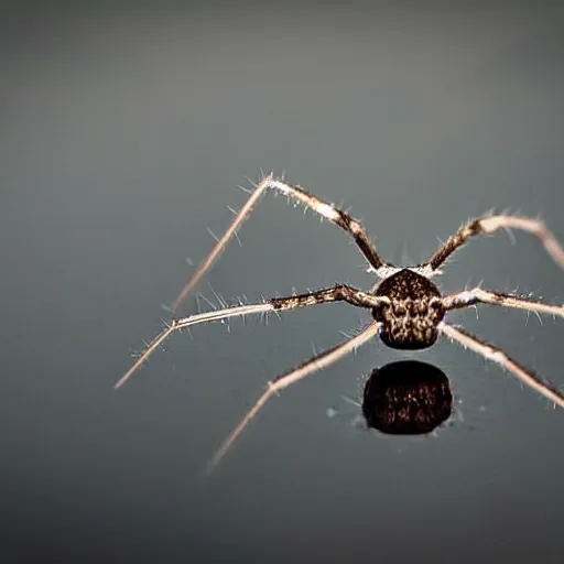 Prompt: close up photo of a cellar spider, drinking water from a lake in tasmania, bokeh, 4 0 0 mm lens, 4 k award winning nature photography