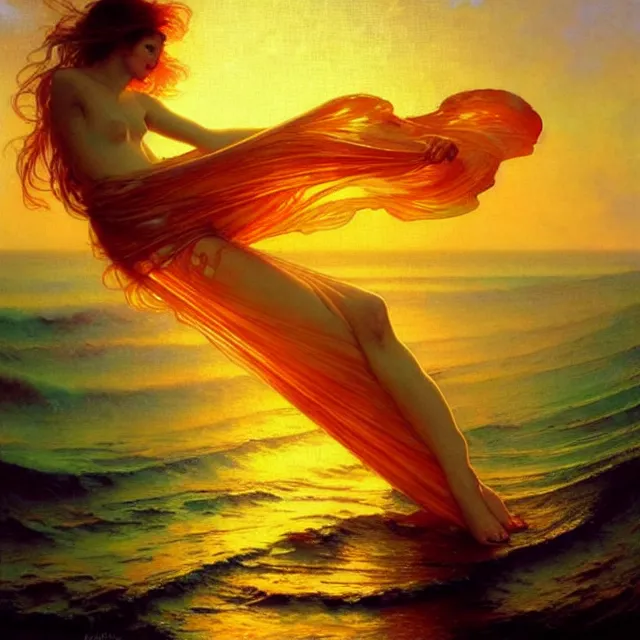 Image similar to ocean waves of glossy liquid honey drops flowing like translucent amber, lsd waves, lsd ripples, backlit, sunset, refracted lighting, art by collier, albert aublet, krenz cushart, artem demura, alphonse mucha