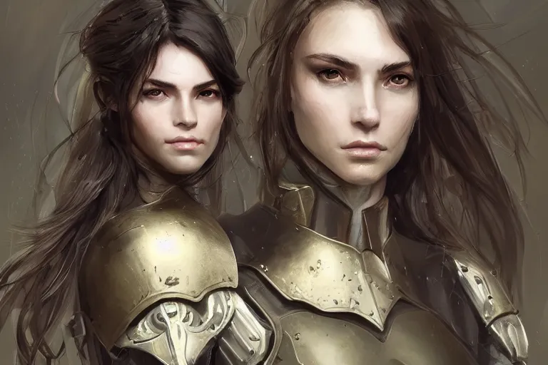 Image similar to a full-face portrait of an attractive young woman, clothed in battle armor, olive skin, long dark hair, beautiful bone structure, symmetrical facial features, intricate, elegant, highly detailed, digital painting, trending on Artstation, concept art, smooth, sharp focus, illustration, from Metal Gear by Ruan Jia and Mandy Jurgens and Artgerm and and william-adolphe bouguerea, award winning