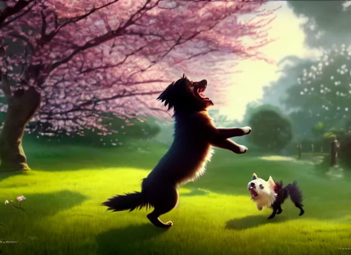 Image similar to animation key shot, black tibetan spaniel, jumping, cherry blossoms in background, studio ghibli, pixar, disney animation, sharp, by greg rutkowski, bloom, dramatic lighting