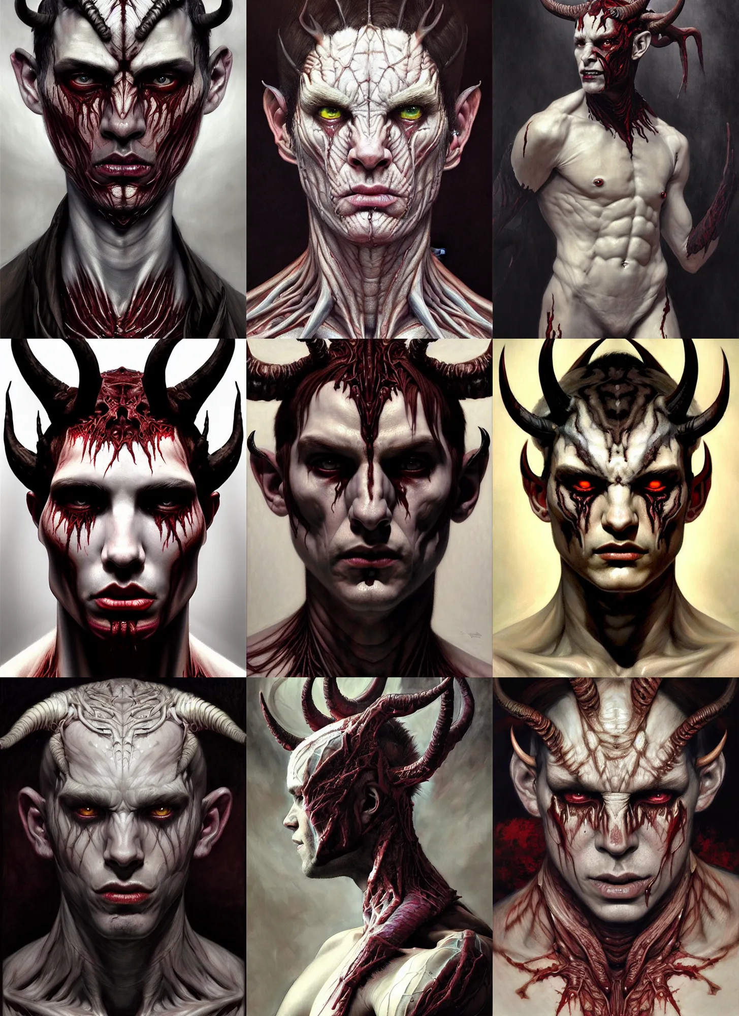 Prompt: half demon half human man intricate skin pattern texture, elegent, full body, white horns, hyper realistic, extremely detailed, dnd character art portrait, dark fantasy art, intricate fantasy painting, dramatic lighting, vivid colors, deviant art, artstation, by edgar maxence and caravaggio and michael whelan and delacroix.