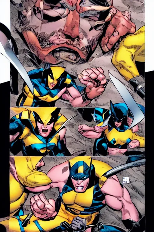 Image similar to uncanny x - men comic book panel containing wolverine and jubilee, illustrated by jim lee