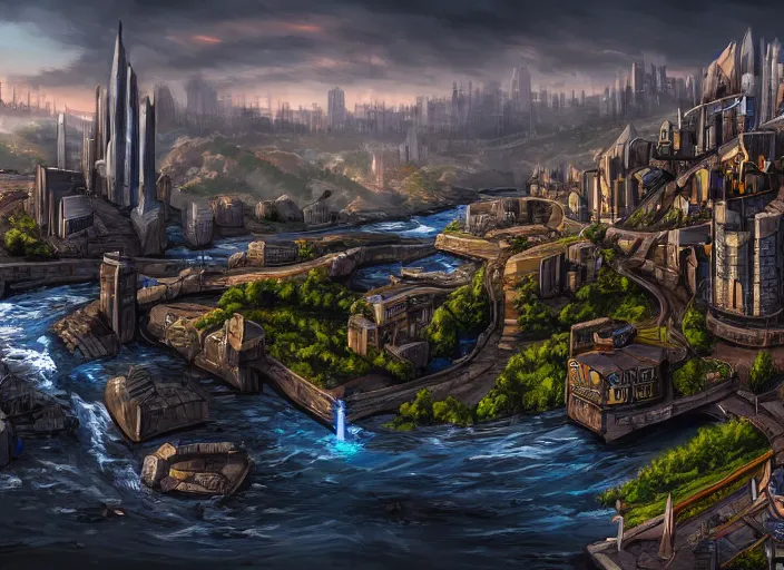 Prompt: wide shot, establishing shot of a modern day dungeons and dragons city with a river, trending on artstation, digital art, 4 k, 8 k