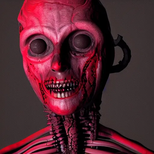 Image similar to octane render of a body horror humanoid, sharp dark shadows, black and red color palette by trevor henderson and junji ito