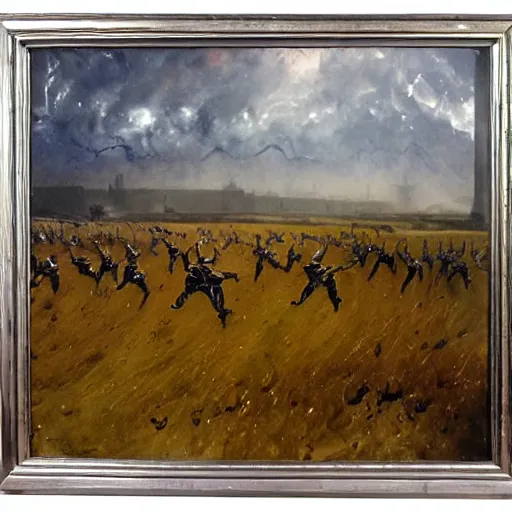 Image similar to oil painting of a ground covered in medieval silver soldier corpses, war, storm dawn, by Frank Frazetta, by Georgia O Keeffe sfumato, realistic