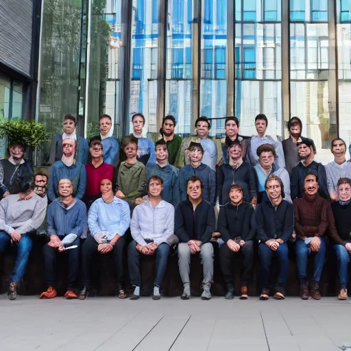 Prompt: blockchain development team of madfish solutions, corporate group photo near the office