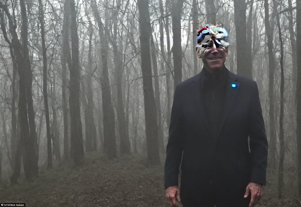 Image similar to low quality iphone photo of joe biden standing ominously deep in the foggy woods with a demonic smile in his face, low visibility creepy, grainy, trail cam footage