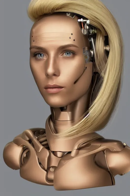 Image similar to robot with human face, female head, full body angle, woman human face, human face realistic, beautiful blonde hair, human head, human head with blonde hair, blonde hair human head, blonde hair, human realistic face, human head skin, cyborg frame concept, cyborg by ales-kotnik, sci-fi android female, the body is made of wires, robotic body, cyborg body, cyborg bust body, robot body cyborg, full body