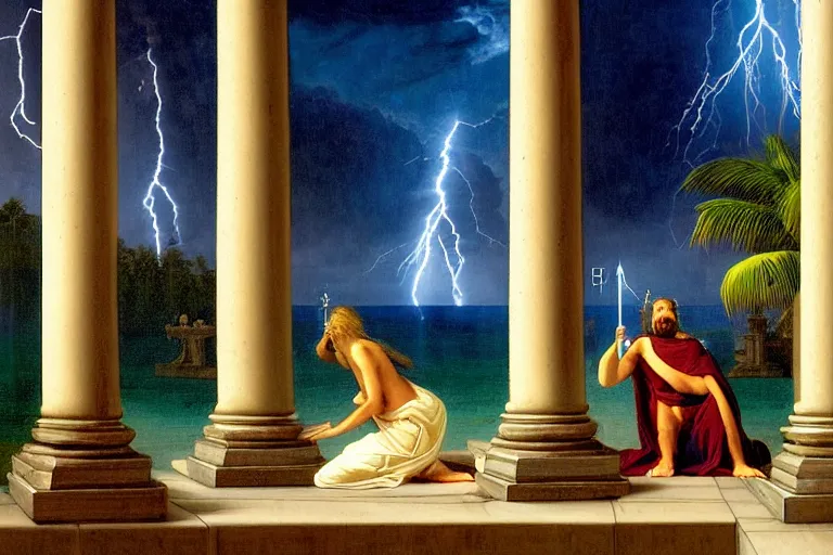 Image similar to Occult spirit on front of balustrade and palace columns, refracted lightnings on the ocean, thunderstorm, tarot cards characters, beach and Tropical vegetation on the background major arcana sky and occult symbols, by paul delaroche, hyperrealistic 4k uhd, award-winning, very detailed paradise