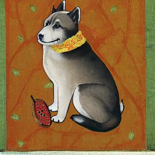 Prompt: akita inu dog dressed as a queen in a dress with orange slices pattern, medieval painting