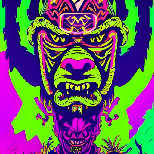 Prompt: barong family member, wiwek, mara demon, one single tribe member, jungle, one single mask, dark, ancient warrior, yellow green gorilla, lizard, tribal, fists visible, background hot pink violet blue, inner glow, art by dan mumford and justin gerard