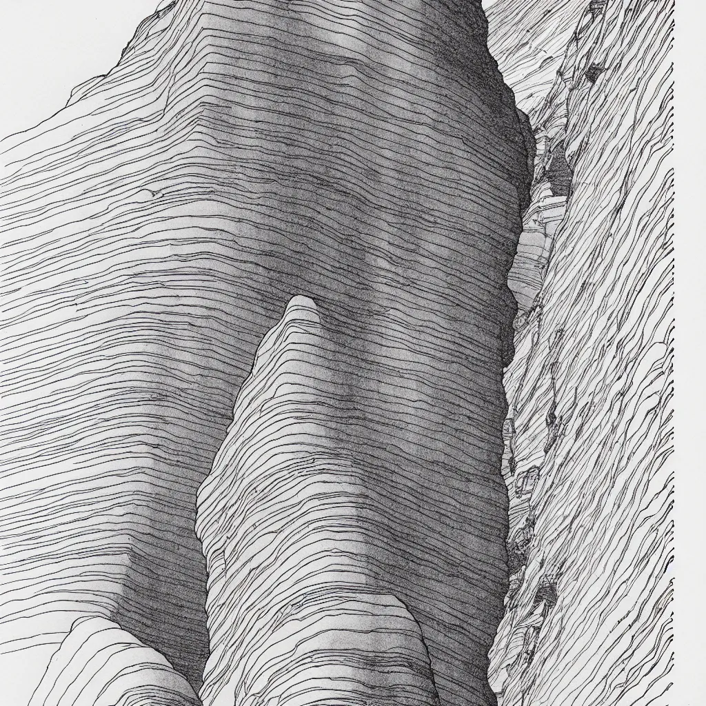 Image similar to slot canyons by moebius, minimalist ink drawing with long lines