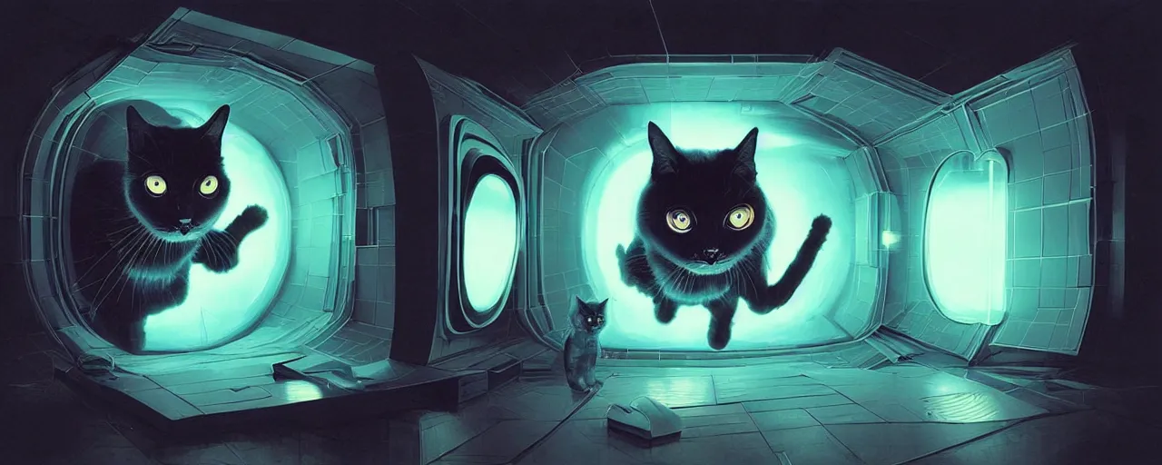 Image similar to duotone noir scifi concept illustration of 3 d mesh of cat inside box zero gravity glowing 3 d mesh quantum portals, glowing eyes, octane render, surreal atmosphere, volumentric lighting. accidental renaissance. by sachin teng and sergey kolesov and ruan jia and heng z. graffiti art, scifi, fantasy, hyper detailed. trending on artstation